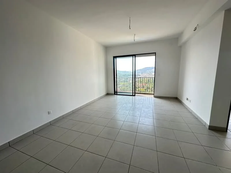 Living features: white painted walls, tile flooring, floor-to-ceiling sliding glass door, mountain view, recessed ceiling lights, open layout, balcony access; style: modern; view: mountain.