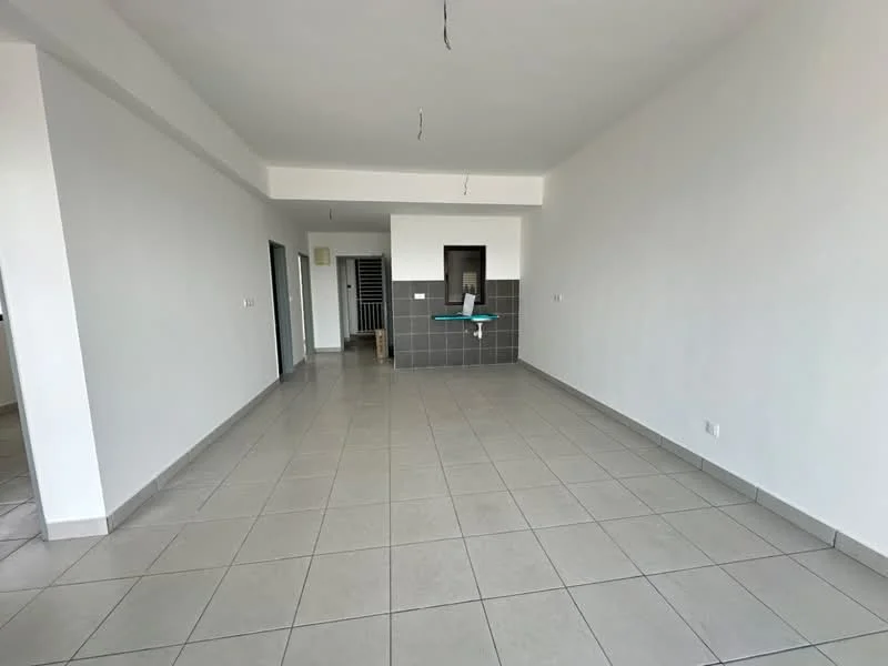 Living features: white painted walls, grey tiled flooring, open layout, recessed ceiling lights, floor-to-ceiling windows, kitchenette with grey tiled backsplash, no visible furniture, neutral color scheme; style: modern.