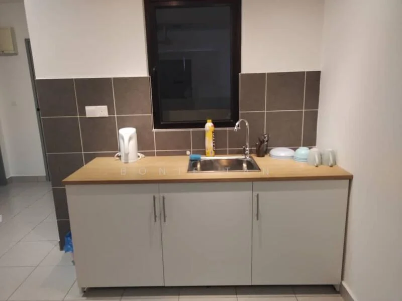 Kitchen features: single-bowl stainless-steel sink, chrome pull-down faucet, wood countertop, white cabinetry with flat-panel doors, grey tiled backsplash, grey wall tiles, ceramic tile flooring, window above sink, kitchen utensils, kettle, dishware; style: modern.
