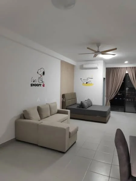 Living features: 3-seater fabric sofa in beige, queen-size bed with grey mattress, wall-mounted split AC, 5-blade ceiling fan, light grey tiled flooring, white painted walls, curtains in light brown, decorative wall stickers featuring Snoopy, sliding glass door leading to balcony, dining table with chairs; style: modern; view: city.