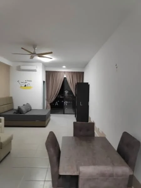 Living features: white painted walls, tile flooring, 5-blade ceiling fan, wall-mounted split AC, sofa with chaise, dining table with 4 chairs, curtains, sliding glass door, decorative wall art, TV console, area rug; style: modern; view: city.