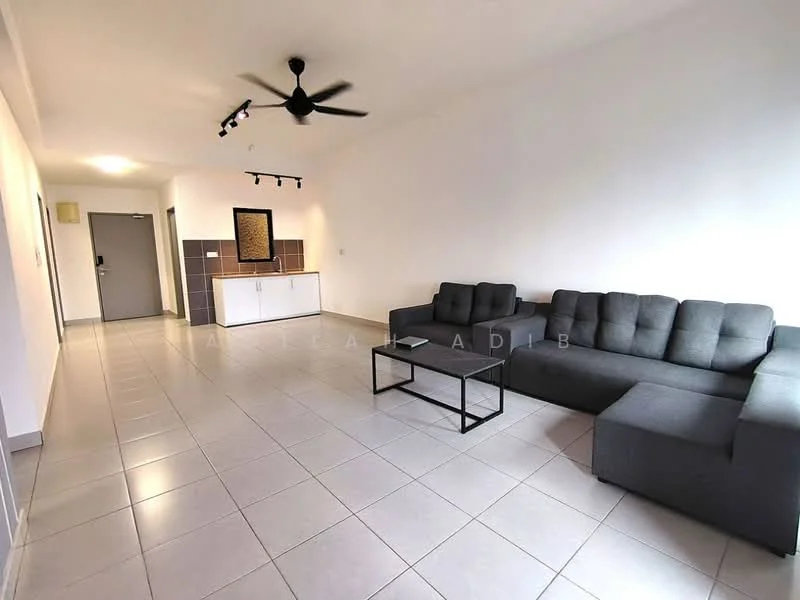Living features: grey fabric L-shape sectional sofa, 2-seater grey fabric sofa, black coffee table, ceiling fan with light, recessed LED downlights, white painted walls, light grey tiled flooring, wall-mounted artwork, open layout, doorway leading to hallway, neutral decor; style: modern.
