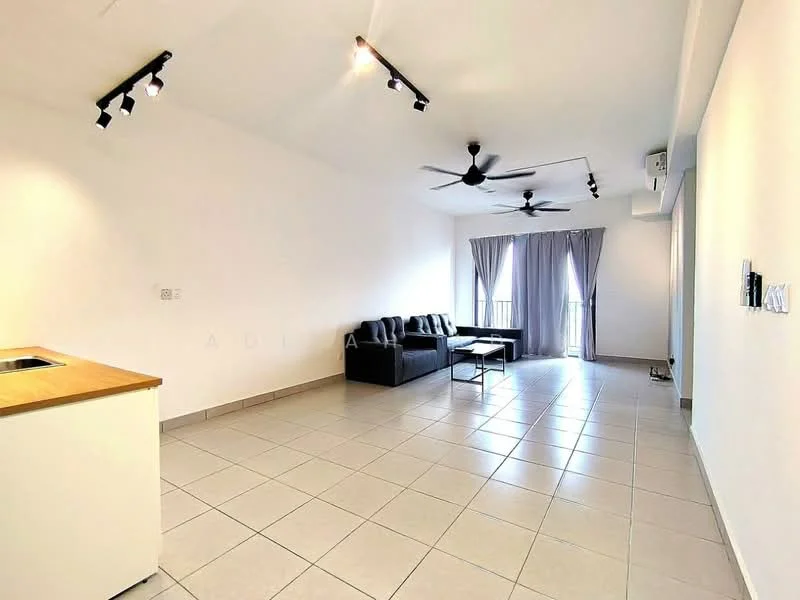 Living features: grey leather sofa, coffee table, 2 ceiling fans, recessed downlights, floor-to-ceiling windows, sliding glass door, curtains, light-colored walls, tile flooring; style: modern.