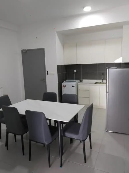 Kitchen features: white cabinetry, black tiled backsplash, stainless-steel fridge, built-in oven, ceramic cooktop, single-bowl stainless-steel sink, chrome pull-down faucet, white countertop, washing machine, grey tiled flooring, recessed downlights; style: modern. Dining features: 6-seater dining table with white top, grey upholstered dining chairs; style: modern.