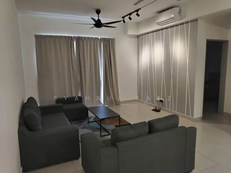 Living features: 3-seater fabric sofa in grey, 2-seater fabric sofa in grey, coffee table, ceiling fan, wall-mounted split AC, floor-to-ceiling windows with sheer curtains, light-colored walls, tile flooring, decorative wall with vertical lines; style: modern.