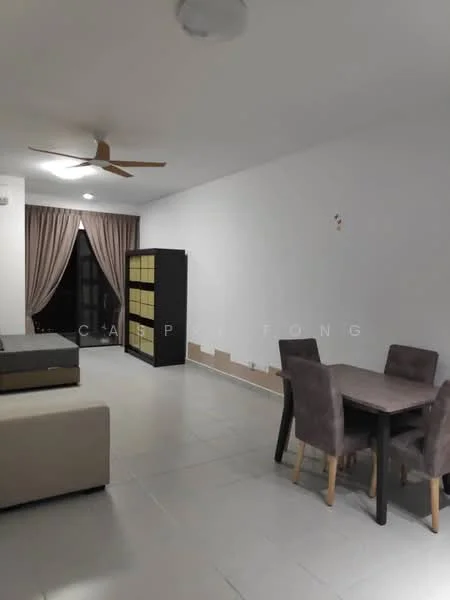 Living features: 5-blade ceiling fan, sofa in beige, coffee table, dining table for 4, upholstered dining chairs, curtains in brown, tile flooring, white painted walls, black storage cabinet, sliding glass door, floor-to-ceiling windows; style: modern.