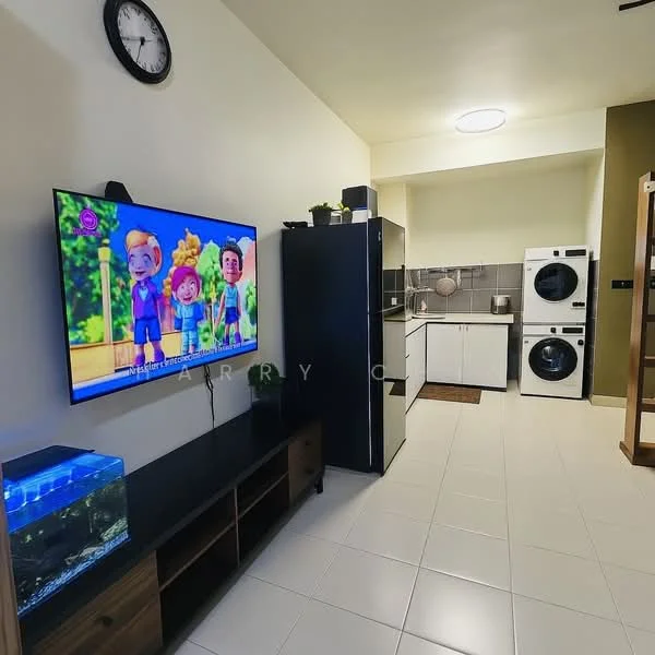 Living features: white walls, tile flooring, wall-mounted TV, black TV console, refrigerator, washing machine, dryer, LED ceiling light, clock on wall, aquarium, open layout to kitchen, kitchen cabinetry, grey backsplash; style: modern. Kitchen features: white cabinetry, black countertop, stainless-steel sink, built-in oven, ceramic cooktop, grey tile backsplash; style: modern.