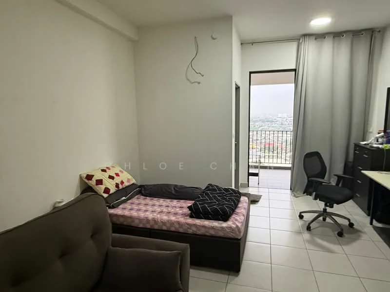 Room features: white painted walls, tile flooring, single bed with pink bedding, sofa with brown upholstery, black throw pillows, desk with chair, floor-to-ceiling window, curtains, view of city skyline; style: modern; view: city.