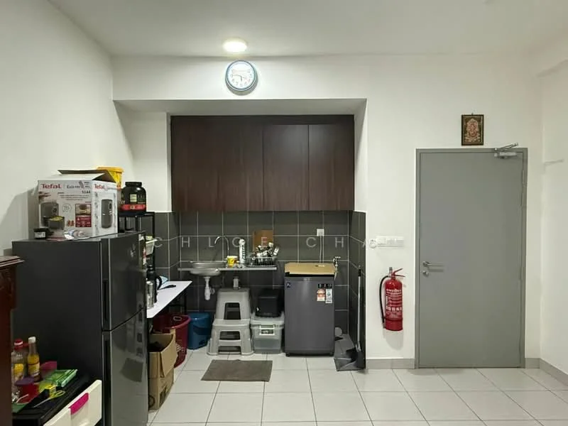 Kitchen features: white painted walls, grey tiled backsplash, ceramic tile flooring, dark wood cabinetry, stainless-steel fridge, built-in sink, chrome faucet, countertop with appliances, fire extinguisher, clock on wall, grey trash bin, step stool; style: modern.