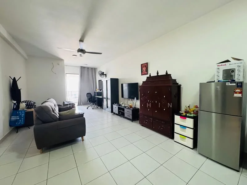 Living features: 3-seater fabric sofa in grey, ceiling fan, wall-mounted TV, freestanding TV cabinet, decorative wooden cabinet, white walls, tile flooring, large window with natural light, office desk with chair, refrigerator, storage drawers, area rug; style: modern; view: city.