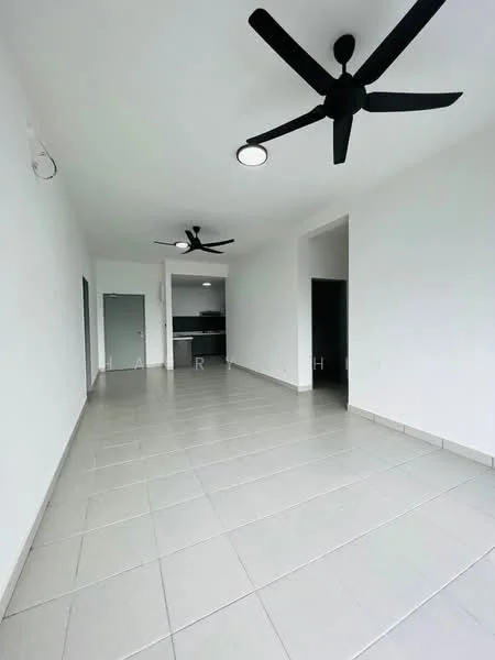 Living features: white painted walls, grey tiled flooring, 2 ceiling fans, recessed LED downlights, open layout, kitchen visible in background, doorway leading to other rooms; style: modern.