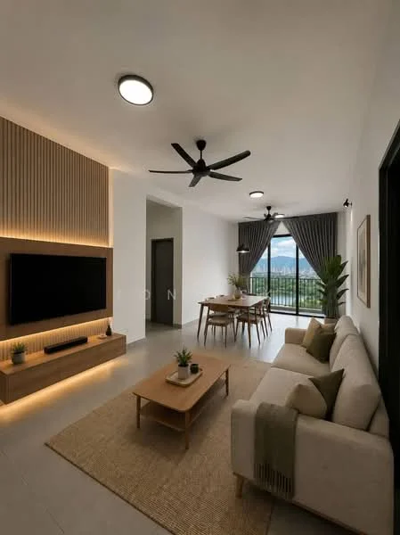 Living features: 3-seater fabric sofa in cream, wooden coffee table, TV console with wall-mounted TV, area rug with natural fibers, 5-blade ceiling fan with light, recessed LED downlights, floor-to-ceiling windows, sliding glass door, curtains in dark grey, decorative wall paneling, wall-mounted artwork, potted plants; style: modern; view: mountain.