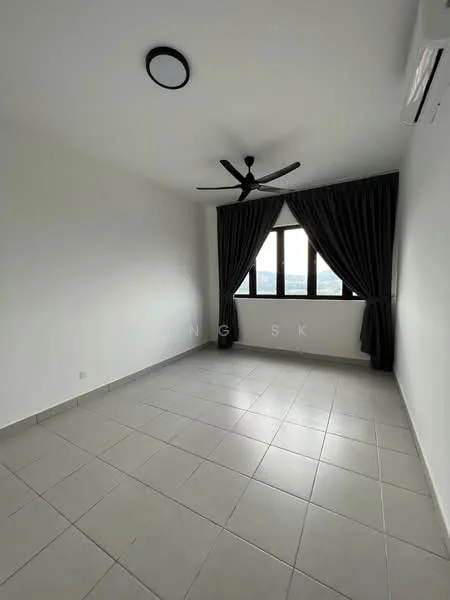 Bedroom features: white painted walls, tile flooring, 5-blade ceiling fan, floor-to-ceiling windows, blackout curtains, city view; style: modern; view: city.