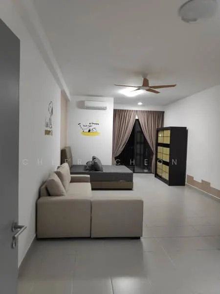 Living features: L-shape sectional sofa in beige, floor-to-ceiling window with sheer curtains, 5-blade ceiling fan with light, wall-mounted split AC, tile flooring, decorative wall art, black storage cabinet, light-colored walls, curtains in brown, area rug; style: modern.