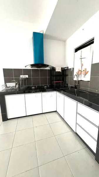 Kitchen features: black granite countertop, white flat-panel cabinets, stainless-steel sink, chrome pull-down faucet, built-in oven, stainless-steel range hood, black tiled backsplash, ceramic tile flooring, wall-mounted shelves; style: modern.