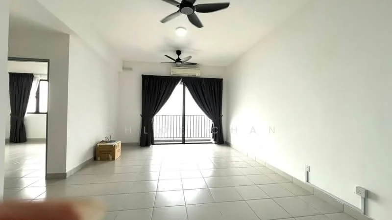 Living features: white painted walls, grey tiled flooring, 5-blade ceiling fan, recessed ceiling light, floor-to-ceiling windows, blackout curtains, balcony access, air conditioning unit; style: modern; view: city.