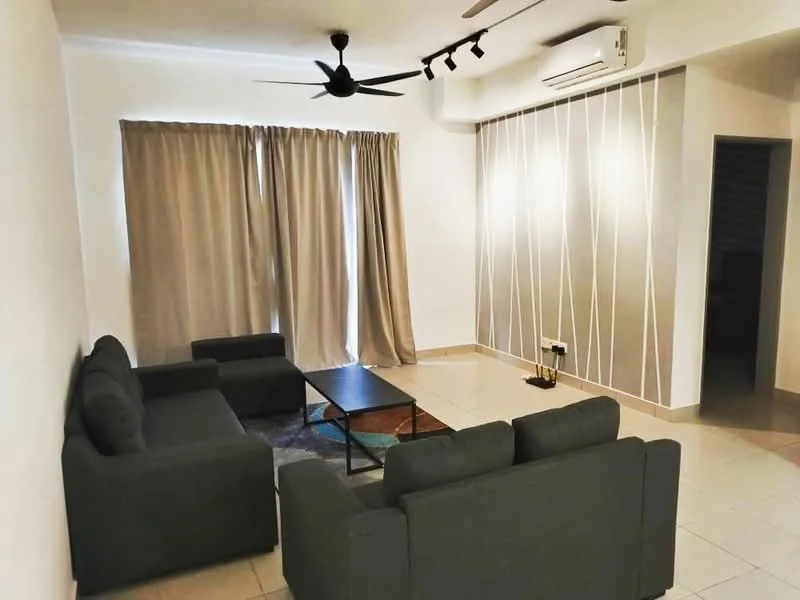 Living features: 3-seater fabric sofa in grey, 2-seater fabric sofa in grey, glass coffee table, floor-to-ceiling windows, sheer curtains, recessed downlights, ceiling fan, wall-mounted air conditioning unit, tile flooring, decorative wall with vertical lines; style: modern.