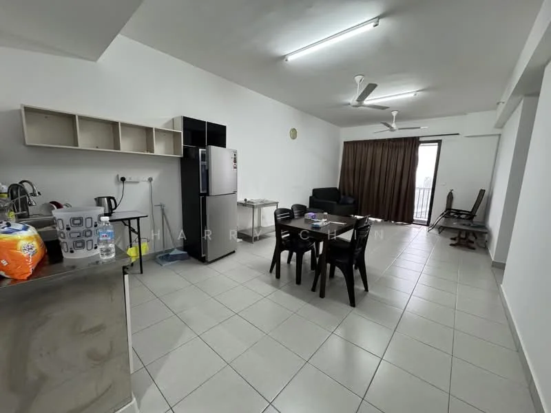 Kitchen features: stainless-steel fridge, kitchen counter with bar stools, kitchen sink, wall-mounted cabinets, ceramic tile flooring; style: modern. Living features: 3-seater black sofa, dining table with 4 chairs, floor-to-ceiling windows, curtains, ceiling fan, LED ceiling lights, tile flooring; style: modern.