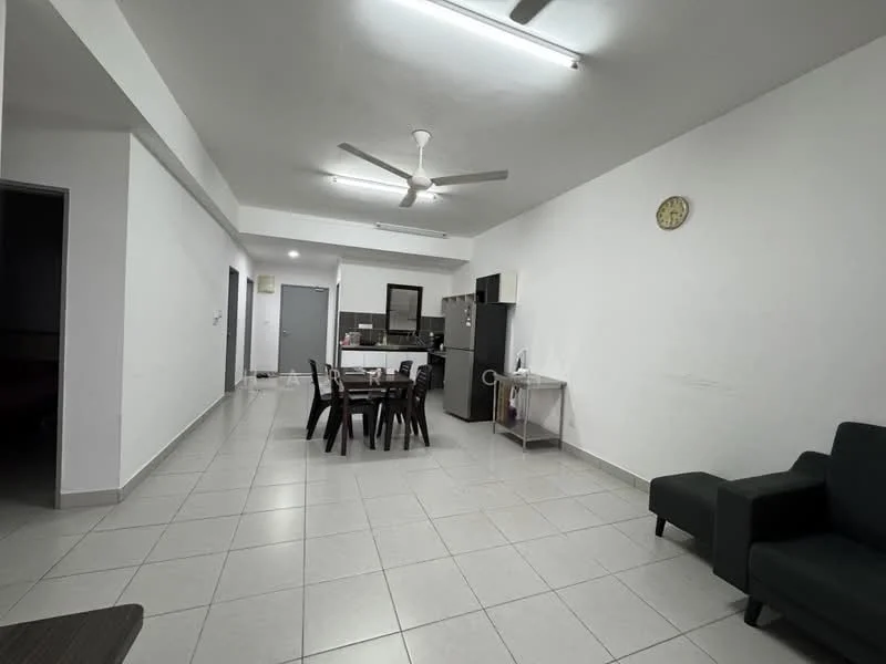 Living features: white painted walls, tile flooring, 5-blade ceiling fan, dining table with chairs, black fridge, kitchen counter, clock on wall, sofa in dark green; style: modern. Kitchen features: black fridge, kitchen counter, tile flooring; style: modern.