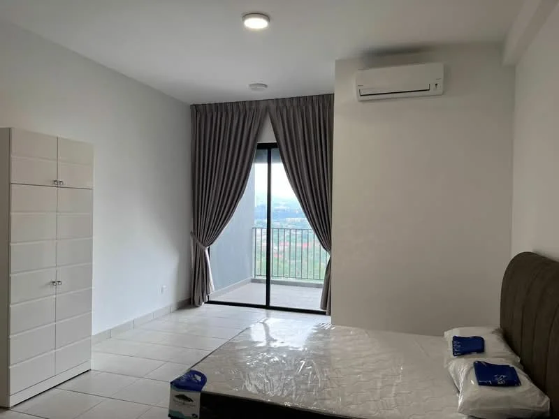 Bedroom features: queen-size bed, upholstered headboard, 2 bedside pillows, built-in wardrobe with white finish, floor-to-ceiling window, sliding glass door, grey curtains, wall-mounted split AC, tile flooring, white painted walls, recessed ceiling lights; style: modern; view: city.