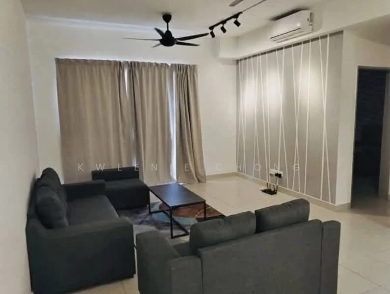 Living features: 3-seater fabric sofa in grey, 2-seater fabric sofa in grey, coffee table, area rug with geometric pattern, floor-to-ceiling windows with sheer curtains, 5-blade ceiling fan with light, wall-mounted air conditioning unit, light-colored painted walls, tile flooring, decorative wall with vertical lines; style: modern.