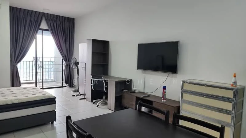 Room features: floor-to-ceiling windows, balcony door, grey curtains, white painted walls, tile flooring, queen-size bed, black and white bed frame, black desk with chair, wall-mounted TV, fan, dining table with chairs, storage cabinet, drawer unit; style: modern; view: city.