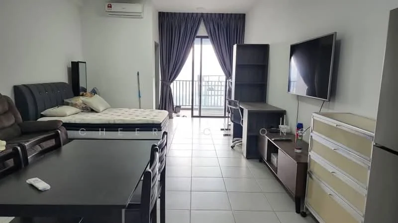 Living features: grey fabric sofa, queen-size bed with upholstered headboard, black TV console, wall-mounted TV, dining table for 4, white chest of drawers, floor-to-ceiling windows, curtains, air conditioning unit, tiled flooring; style: modern; view: city.