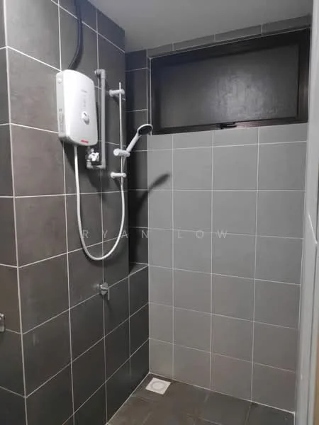 Bathroom features: grey tiled walls, grey tiled flooring, shower area with glass enclosure, wall-mounted shower head, handheld shower, water heater, window for ventilation, drainage floor grate; style: modern.
