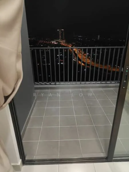 Room features: sliding glass door, grey tiled flooring, balcony railing, city skyline view, curtains, nighttime lighting; style: modern; view: city.