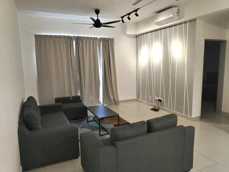 Living features: 3-seater fabric sofa in grey, 2-seater fabric sofa in grey, coffee table, area rug, floor-to-ceiling windows with sheer curtains, recessed downlights, ceiling fan, wall-mounted air conditioning unit, decorative wall with geometric pattern, light fixtures on wall; style: modern.