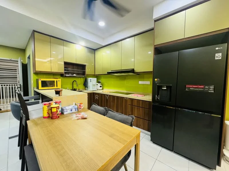 Kitchen features: green glossy cabinetry, white countertop, stainless-steel sink, chrome pull-down faucet, built-in microwave, freestanding black fridge, 4-burner gas hob, exhaust hood, pendant lighting, dining table with wooden surface, grey upholstered dining chairs, tile flooring, wall-mounted shelving, decorative items on countertop; style: modern.