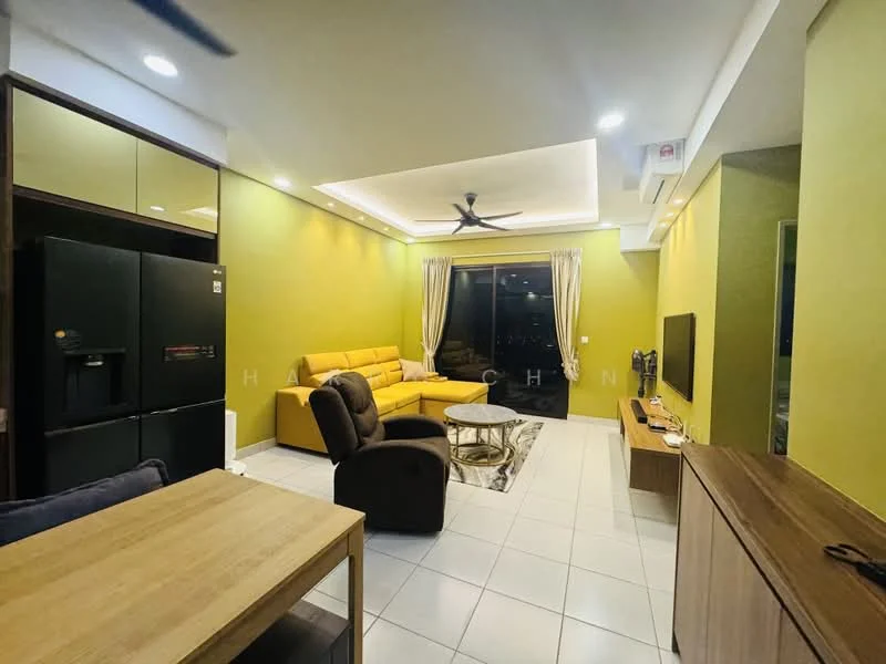 Living features: yellow painted walls, white ceiling with recessed lighting, 5-blade ceiling fan, large sliding glass door, floor-to-ceiling windows, grey fabric sofa, coffee table with round top, TV console, wall-mounted TV, tile flooring, black refrigerator, wooden dining table, 2 upholstered chairs; style: modern; view: city.