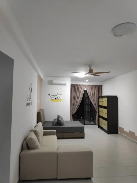 Living features: cream fabric sofa, ceiling fan, wall-mounted split AC, recessed downlights, light grey walls, tile flooring, curtains in light brown, black bookshelf with yellow accents, decorative wall art; style: modern.