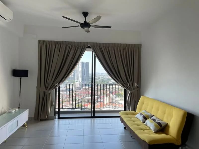 Living features: yellow fabric sofa bed, white TV console, floor-to-ceiling windows, curtains in beige, ceiling fan with light, tile flooring, city skyline view, decorative cushions; style: modern; view: city.
