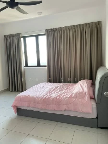 Bedroom features: queen-size bed with pink bedding, grey upholstered headboard, floor-to-ceiling window, light brown curtains, white walls, white tiled flooring, 5-blade ceiling fan, decorative wall sconce; style: modern; view: city.