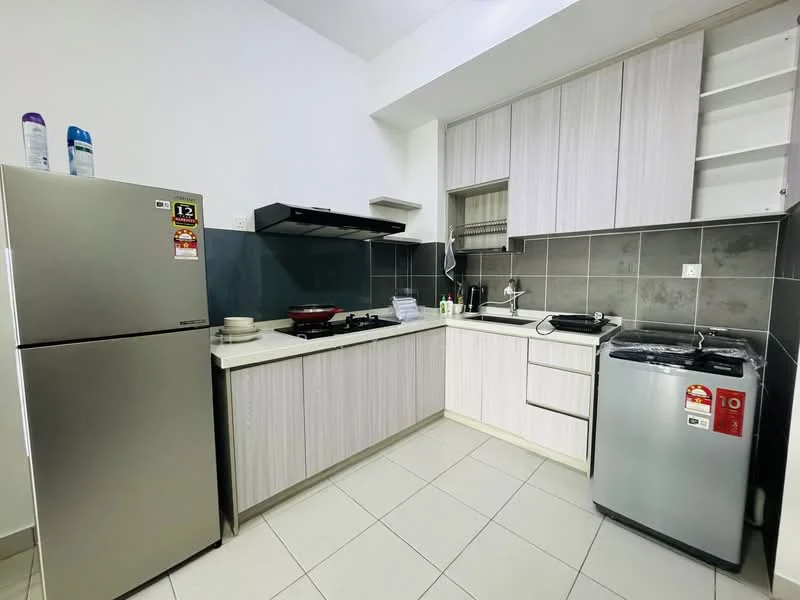 Kitchen features: light wood cabinetry, grey tiled backsplash, white countertop, stainless-steel fridge, built-in stove with hood, sink with faucet, microwave, washing machine, ceramic tile flooring, wall-mounted shelves; style: modern.