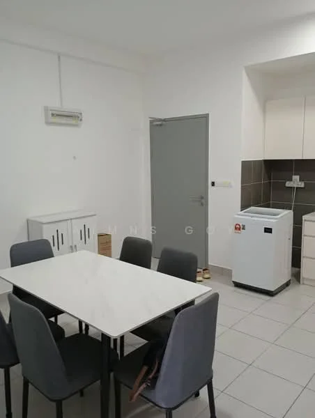 Kitchen features: white painted walls, tile flooring, marble dining table, 6 grey upholstered dining chairs, built-in kitchen cabinets, white countertop, stainless-steel fridge, wall-mounted split AC, grey backsplash, door leading to hallway; style: modern.