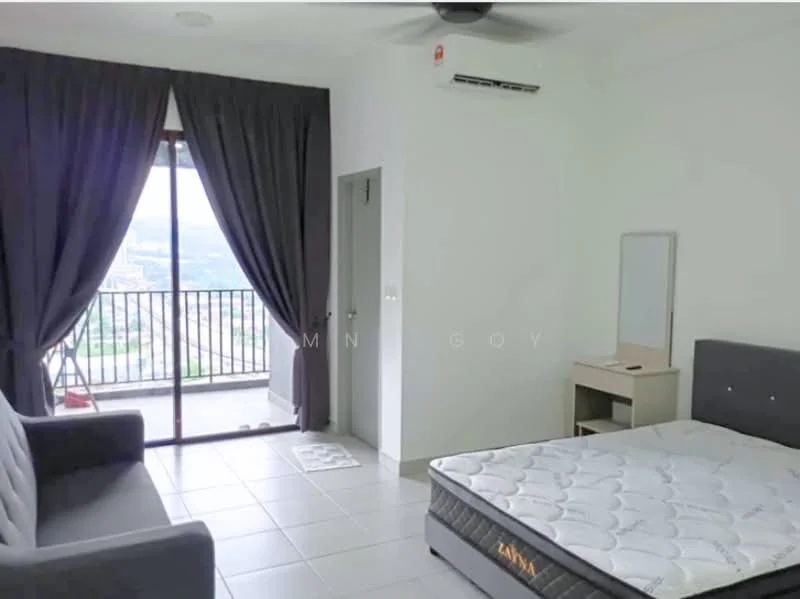 Bedroom features: queen-size bed, upholstered headboard, grey fabric sofa, floor-to-ceiling windows, sliding glass door, curtains, wall-mounted split AC, tile flooring, light-colored walls, mirror on dresser, balcony view; style: modern; view: city.