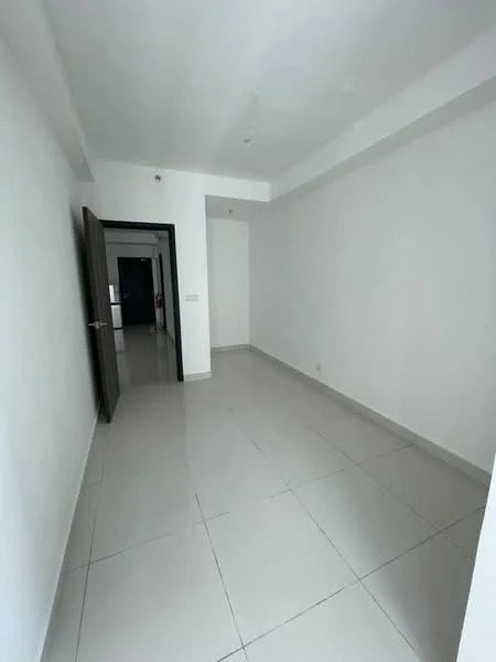 Room features: white painted walls, glossy ceramic tile flooring, recessed downlights, single door, open layout, no visible furniture, neutral color scheme, large windows; style: modern.