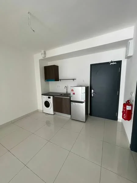 Kitchen features: white painted walls, glossy tile flooring, dark wood cabinetry, stainless-steel single-bowl sink, chrome pull-down faucet, built-in washing machine, stainless-steel fridge, wall-mounted air conditioning unit, fire extinguisher, door with security lock; style: modern.