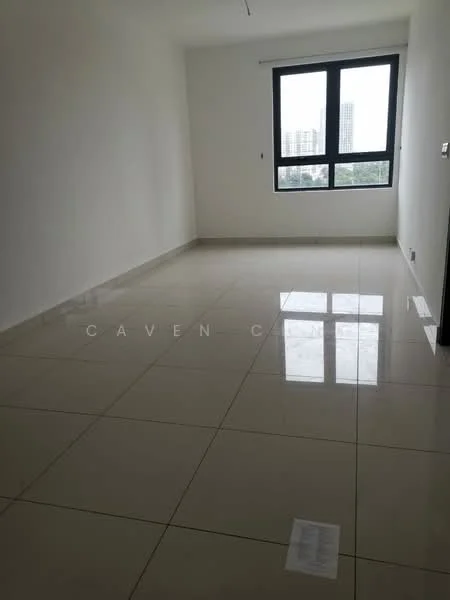 Room features: white painted walls, glossy ceramic tile flooring, large window with city view, no visible furniture, neutral color scheme, minimalist design, high ceiling, natural light; style: modern; view: city.