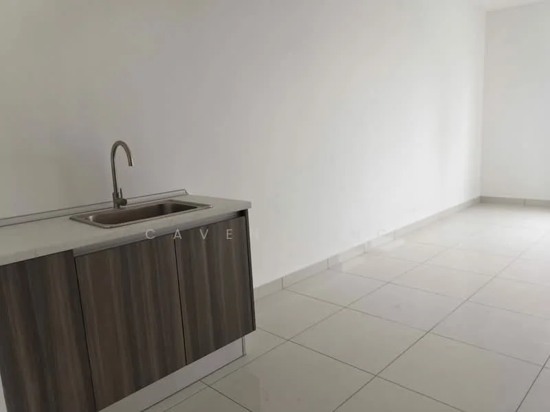Kitchen features: single-bowl stainless-steel sink, chrome pull-down faucet, laminate cabinetry in wood finish, white countertop, ceramic tile flooring, white painted walls, recessed downlights; style: modern.