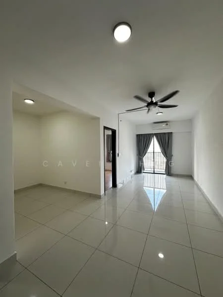 Living features: white painted walls, glossy ceramic tile flooring, 5-blade ceiling fan with light, floor-to-ceiling windows, sliding glass door, grey curtains, recessed downlights; style: modern. Room features: white painted walls, glossy ceramic tile flooring, recessed downlights.