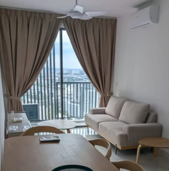Living features: 3-seater fabric sofa in beige, floor-to-ceiling windows, curtains in light brown, ceiling fan, wall-mounted split AC, light wood dining table, wooden dining chairs, decorative wall, city view; style: modern; view: city.