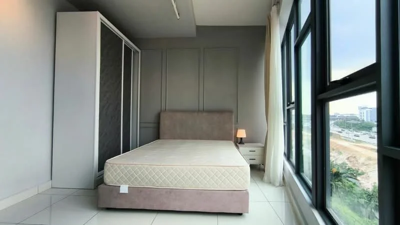 Bedroom features: queen-size bed, upholstered headboard, nightstand with lamp, built-in wardrobe with sliding doors, grey painted walls, floor-to-ceiling windows, curtains, tile flooring; style: modern; view: city.