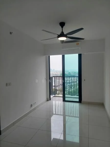 Room features: white painted walls, glossy ceramic tile flooring, 5-blade ceiling fan with light, floor-to-ceiling sliding glass door, balcony access, city view, air conditioning unit, window treatments not visible; style: modern; view: city.