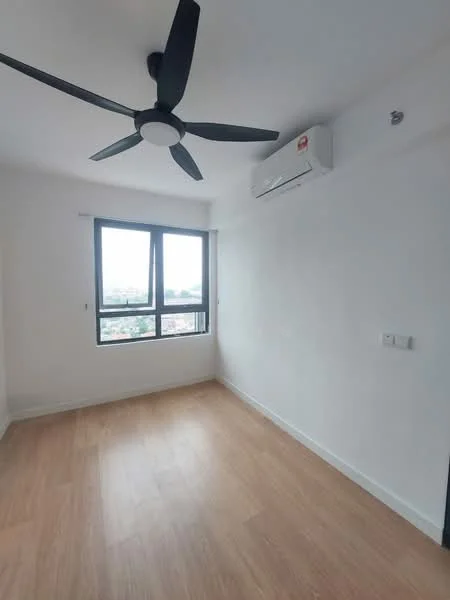 Room features: light wood flooring, white painted walls, 5-blade ceiling fan, wall-mounted split AC, floor-to-ceiling window, city view; style: modern; view: city.