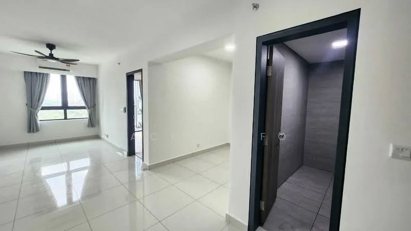 Living features: white painted walls, glossy ceramic tile flooring, 5-blade ceiling fan with light, floor-to-ceiling windows, grey curtains, recessed downlights; style: modern; view: city. Bathroom features: grey tiled walls, grey tiled flooring, door with handle, recessed lighting; style: modern.