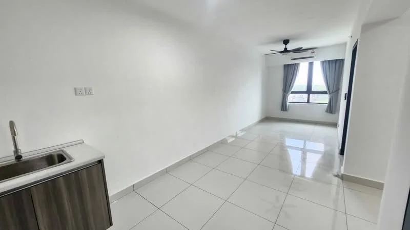 Room features: white painted walls, glossy ceramic tile flooring, ceiling fan, floor-to-ceiling window, grey curtains, stainless-steel sink, wood cabinetry, air conditioning unit; style: modern; view: city.