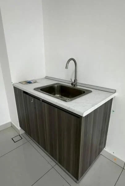 Kitchen features: single-bowl stainless-steel sink, chrome pull-down faucet, white marble countertop, dark wood cabinetry, tile flooring, white painted walls; style: modern.